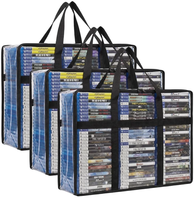 Main image of Klmnop 3 Pack Blu Ray Storage Bags, Clear Plastic DVD Case Holder Organizer with Handles for Blurays DVDs CDs, Video Game Storage Box, Holds 90 Blu-ray Cases or 70 DVDs Each Bag