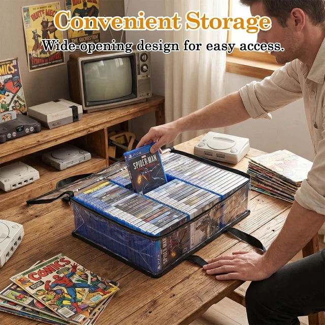 Alt view image 4 of 5 - Klmnop 3 Pack Blu Ray Storage Bags, Clear Plastic DVD Case Holder Organizer with Handles for Blurays DVDs CDs, Video Game Storage Box, Holds 90 Blu-ray Cases or 70 DVDs Each Bag
