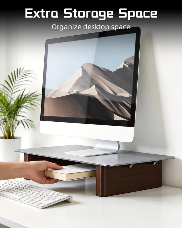 Alt view image 4 of 5 - CHENOMiNL Aluminum Monitor Stand Riser with Wooden Legs, 15.75" Wide