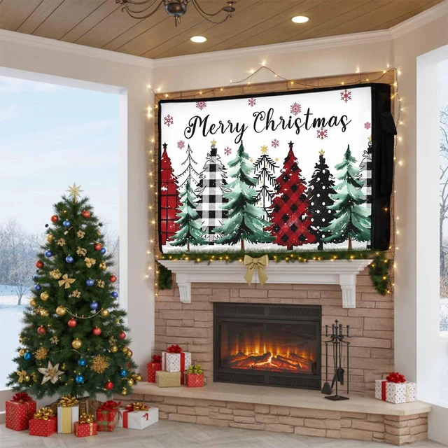 Alt view image 2 of 5 - Merry Christmas Outdoor TV Cover Waterproof Weatherproof, Red Black Plaid Christmas Green Tree Snowflakes TV Covers for 48 to 50 Inch Outside Flat Screen TV Protector Shield 48"W x 30"H x 4.5"D