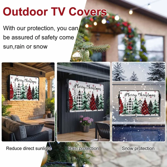 Alt view image 3 of 5 - Merry Christmas Outdoor TV Cover Waterproof Weatherproof, Red Black Plaid Christmas Green Tree Snowflakes TV Covers for 48 to 50 Inch Outside Flat Screen TV Protector Shield 48"W x 30"H x 4.5"D