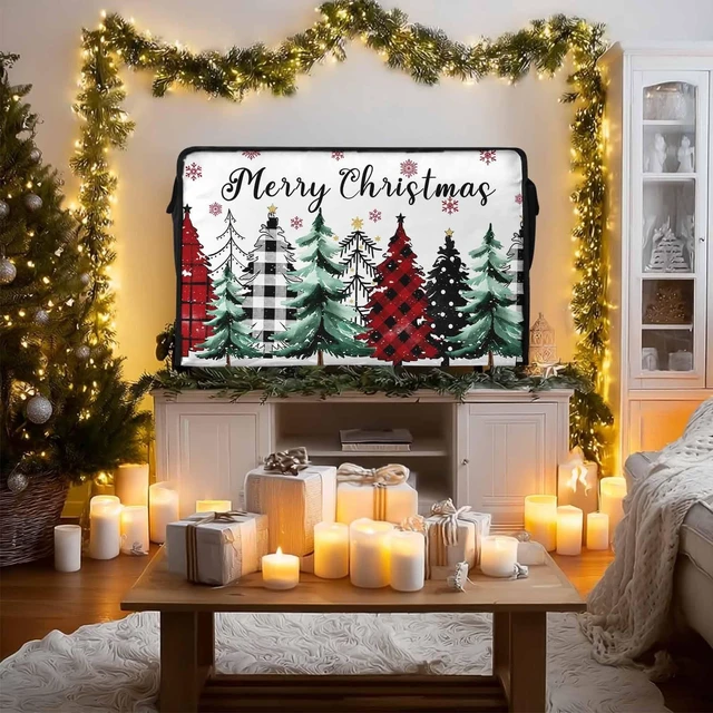 Alt view image 4 of 5 - Merry Christmas Outdoor TV Cover Waterproof Weatherproof, Red Black Plaid Christmas Green Tree Snowflakes TV Covers for 48 to 50 Inch Outside Flat Screen TV Protector Shield 48"W x 30"H x 4.5"D