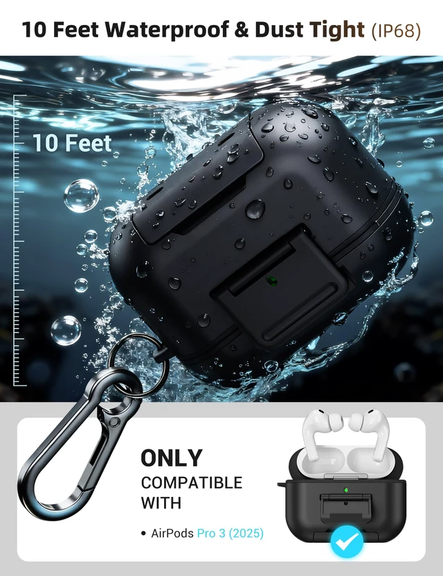 Alt view image 2 of 5 - PROfezzion for Airpods Pro 3 Case Cover with Lock, IP68 Waterproof - Black