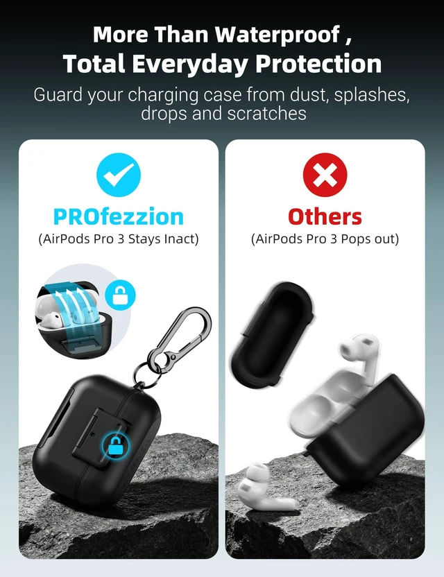 Alt view image 5 of 5 - PROfezzion for Airpods Pro 3 Case Cover with Lock, IP68 Waterproof - Black
