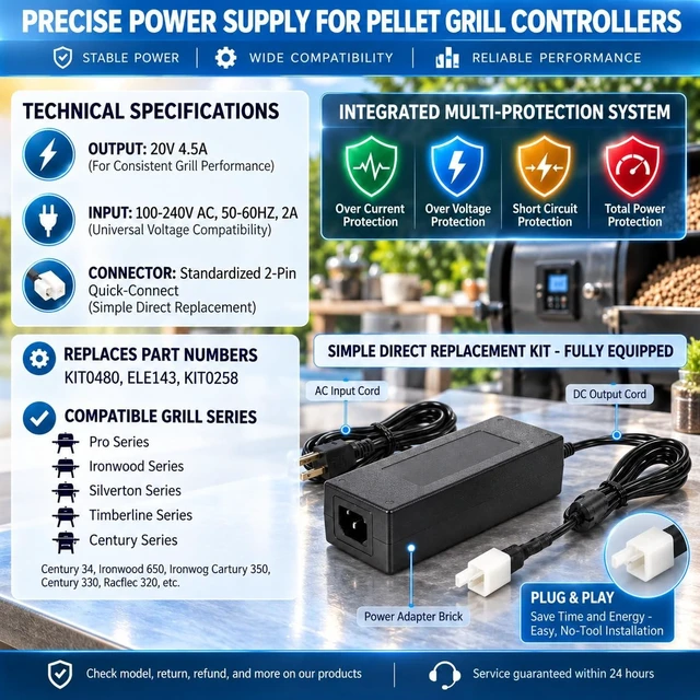 Alt view image 4 of 5 - 20V Power Adapter Replacement for Traeger KIT0480 ELE143, Compatible with Traeger Pro Ironwood Silverton Timberline Century Series Pellet Grills, Power Supply Cord Cable Charger PSU