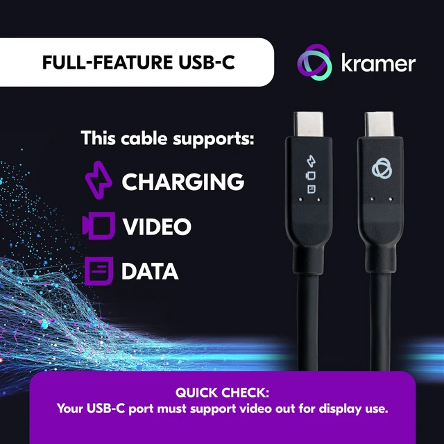 Alt view image 2 of 5 - Kramer USB-C 3.2 Gen 2 Full-Featured Cable CA-C-U32/MFF-10, 10 ft, 10Gbps, 100W, 4K@60Hz