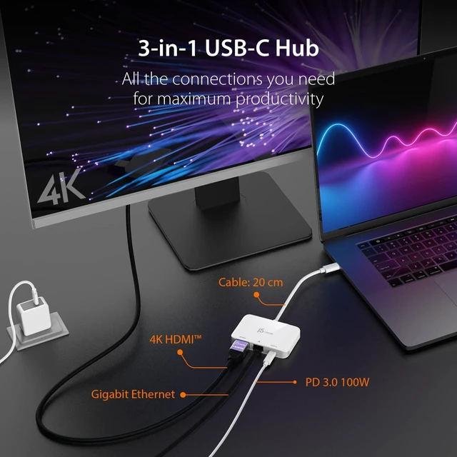 Alt view image 2 of 5 - j5create USB Type C to 4K HDMI and Gigabit Ethernet with PD 100W