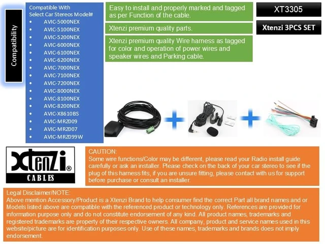 Alt view image 2 of 5 - Xtenzi Car Audio 3 Pcs Cable Set XT3305 GPS MIC and Wire Harness Compatible with Pioneer AVIC-7000NEX 7100NEX 8000NEX 8100NEX