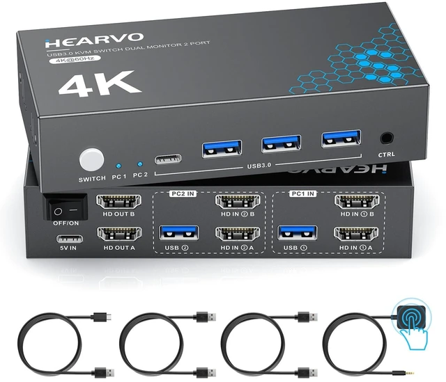 Main image of Heravo USB 3.0 HDMI KVM Switch 2 Monitors 2 Computers, 4K@60Hz Dual Monitor