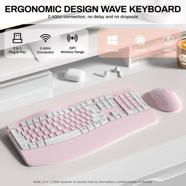 Alt view image 2 of 5 - Wireless Keyboard and Mouse Combo,2.4G Ergonomic Wave Keys(Pink-A)
