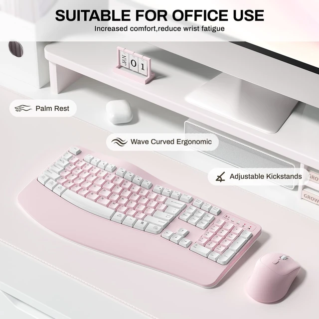 Alt view image 3 of 5 - Wireless Keyboard and Mouse Combo,2.4G Ergonomic Wave Keys(Pink-A)