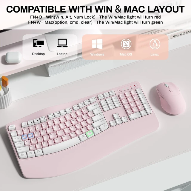 Alt view image 5 of 5 - Wireless Keyboard and Mouse Combo,2.4G Ergonomic Wave Keys(Pink-A)
