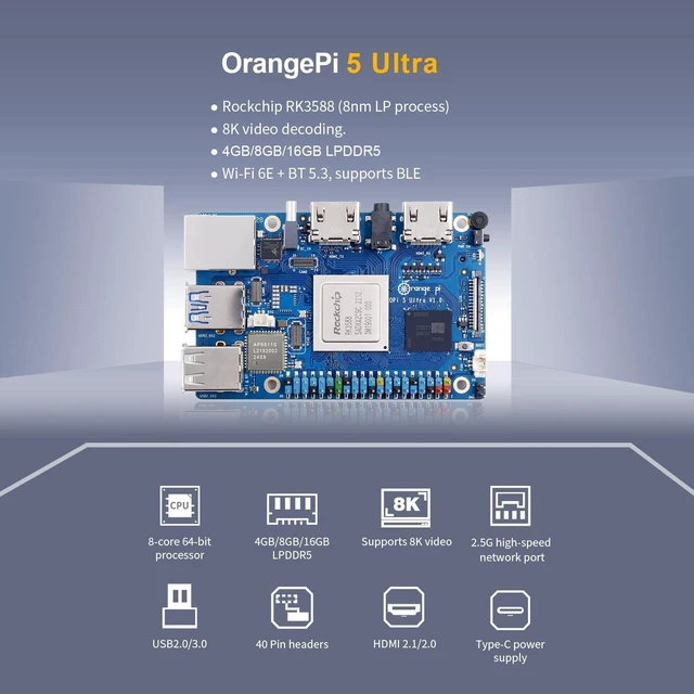 Alt view image 2 of 5 - Orange Pi 5 Ultra 8GB/16GB LPDDR5 Rockchip RK3588 8-Core 64-Bit Single Board Computer, Wi-Fi 6E/Bluetooth 5.3/BLE, Development Board Run Linux/Ubuntu/Debian/Android