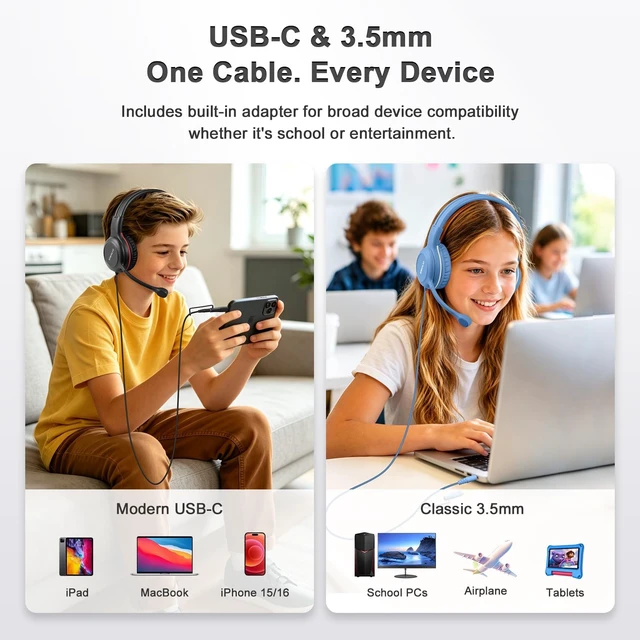 Alt view image 2 of 5 - SIMOLIO-USB-C Wired-Kids-Headphones for-School with Boom-Mic & Volume Limit