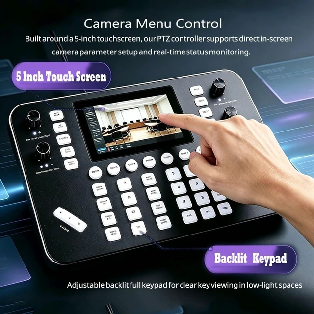 Alt view image 2 of 5 - Meeasier Super NDI PTZ Camera Controller Keyboard, 4D Joystick, 5" HD Real-Time Touch Screen, 4K@60fps Decoding, RS232, RS485, VISCA Pelco-D/P, PoE IP Controllers for Church Event Live Streaming