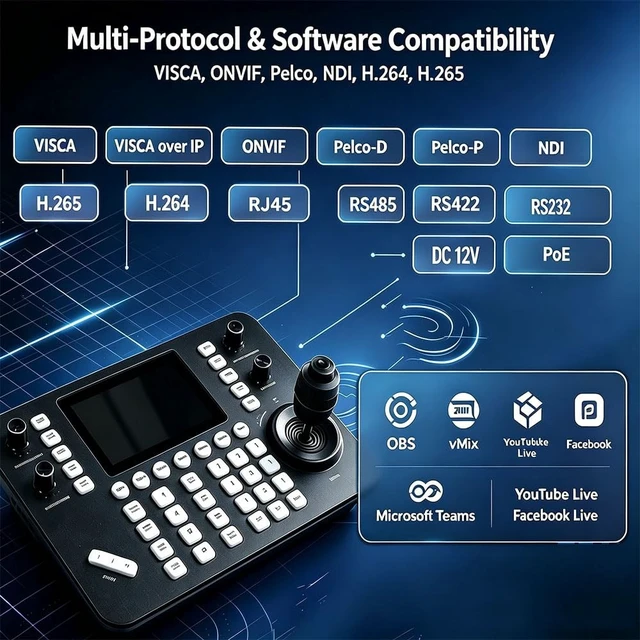 Alt view image 3 of 5 - Meeasier Super NDI PTZ Camera Controller Keyboard, 4D Joystick, 5" HD Real-Time Touch Screen, 4K@60fps Decoding, RS232, RS485, VISCA Pelco-D/P, PoE IP Controllers for Church Event Live Streaming