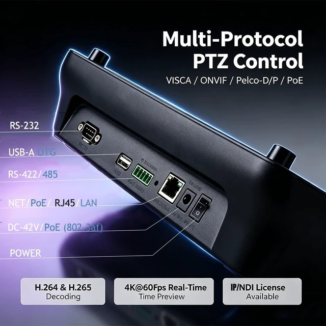 Alt view image 5 of 5 - Meeasier Super NDI PTZ Camera Controller Keyboard, 4D Joystick, 5" HD Real-Time Touch Screen, 4K@60fps Decoding, RS232, RS485, VISCA Pelco-D/P, PoE IP Controllers for Church Event Live Streaming