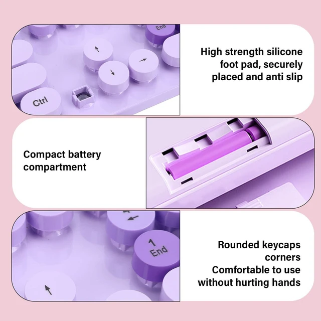 Alt view image 4 of 5 - Tangxi Cute Wireless Keyboard and Mouse Combo, 104 Keys Retro Typewriter Style Round Keycaps, Quiet Mouse, with Numeric Keypad and Multimedia Hotkeys, for PC Laptop (Purple)