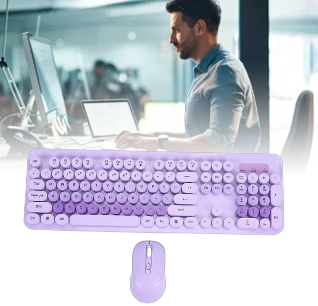 Alt view image 5 of 5 - Tangxi Cute Wireless Keyboard and Mouse Combo, 104 Keys Retro Typewriter Style Round Keycaps, Quiet Mouse, with Numeric Keypad and Multimedia Hotkeys, for PC Laptop (Purple)