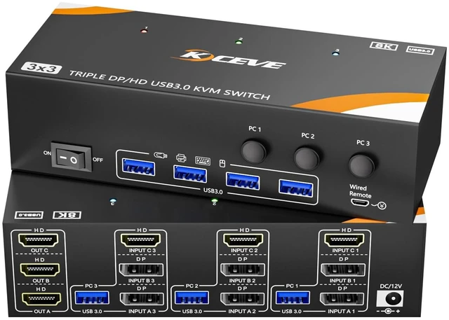 Main image of KCEVE 8K KVM Switch 3 Monitors 3 Computers Displayport HDMI