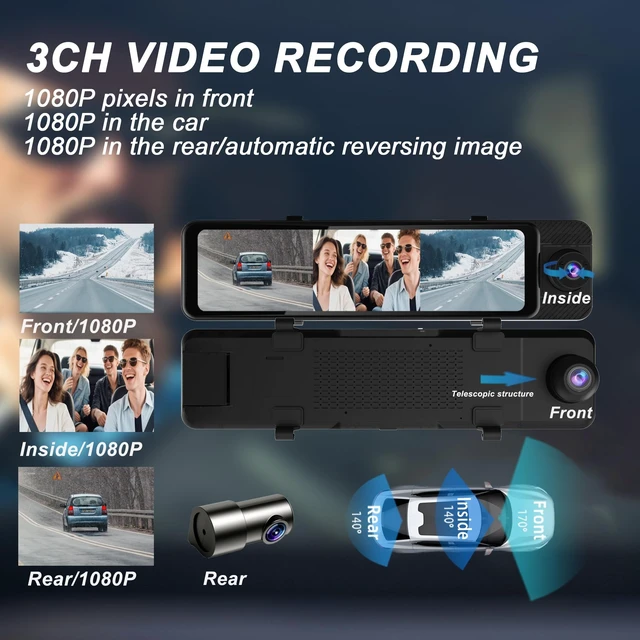 Alt view image 2 of 5 - 11 Rear View Mirror Dash Cam,Touch Screen, CarPlay Rearview Mirror& Android Auto, APP, WiFi, FM,3 Ways Dash Cam for Cars,Bluetooth, Easy Installation,GPS,G-Sensor,Included 64GB Card