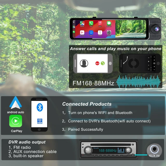 Alt view image 4 of 5 - 11 Rear View Mirror Dash Cam,Touch Screen, CarPlay Rearview Mirror& Android Auto, APP, WiFi, FM,3 Ways Dash Cam for Cars,Bluetooth, Easy Installation,GPS,G-Sensor,Included 64GB Card