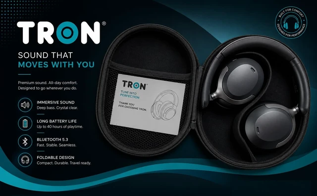 Alt view image 2 of 5 - TRON Hybrid Active Noise Cancelling Wireless Headphones, Over-Ear Bluetooth Headphones with Spatial Audio, 60H Battery Life, Transparency Mode, Foldable Design, Travel Case Included (TR110)/Bla