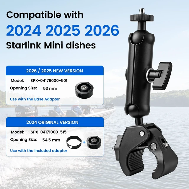 Alt view image 2 of 5 - 2-in-1 Clamp Mount Adapter Compatible with Starlink Mini 2026/2025 Flat Mount and 2024 Pipe Adapter, 1/4"-20 and 3/8"-16 Threads for RV, Pole, Yacht, Camper and Guardrail
