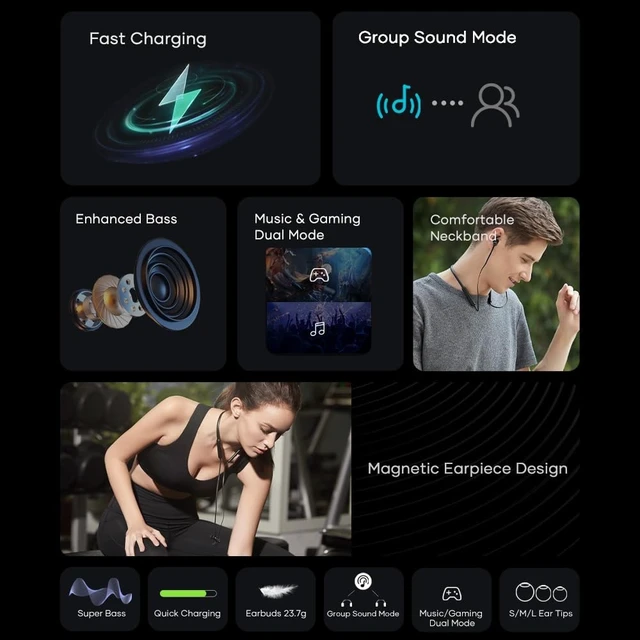Alt view image 2 of 5 - WAVEFUN Neckband Bluetooth Headphones, Flex Pro Wireless Earbuds Deep Bass in-Ear Wireless Headphones Neckband with Gaming Mode,Clean Calls,Quick Charging 12Hours Playtime,Group Sound Mo