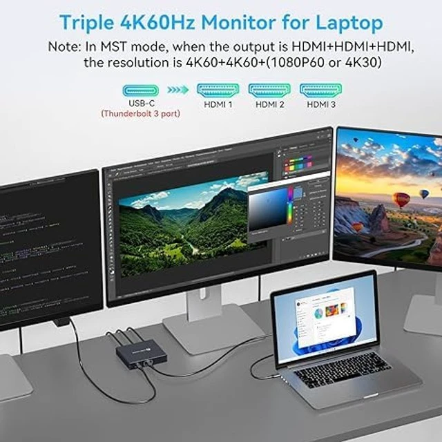 Alt view image 5 of 5 - LKNBHS USB C to HDMI Adapter with PD 100W 4K@60Hz HDMI Splitter Extended Display USB-C to 3 HDMI Adapter Support Extended on Windows for Thunderbolt 3 or Above Port