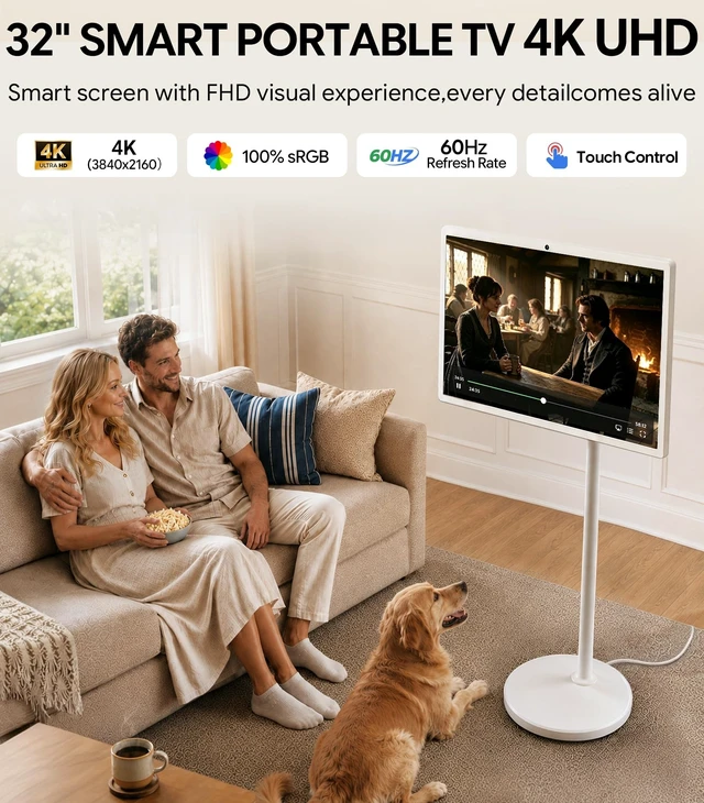 Alt view image 2 of 5 - GFF Portable Smart TV 4K, 32 inch Rolling on Wheels, 20000mAh Battery 256GB