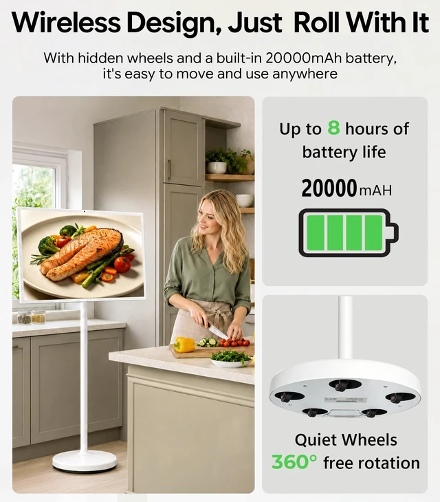 Alt view image 4 of 5 - GFF Portable Smart TV 4K, 32 inch Rolling on Wheels, 20000mAh Battery 256GB
