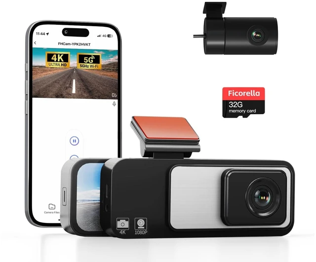 Main image of Ficorella Dash Cam Front and Rear, 3.2" IPS Screen, 4K+1080P, Free 32GB Card, 5GHz High-Speed WiFi, APP Control, Super Night Vision WDR, 150 Wide Angle, G-Sensor, Loop Recording, 24H Parking Mode