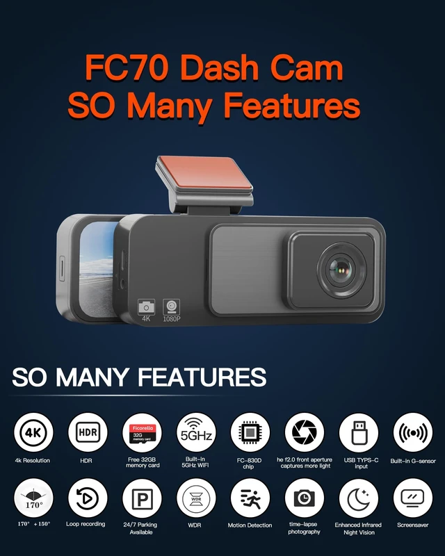 Alt view image 2 of 5 - Ficorella Dash Cam Front and Rear, 3.2" IPS Screen, 4K+1080P, Free 32GB Card, 5GHz High-Speed WiFi, APP Control, Super Night Vision WDR, 150 Wide Angle, G-Sensor, Loop Recording, 24H Parking Mode