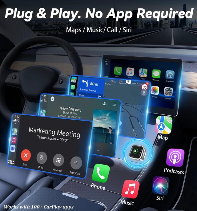 Alt view image 2 of 5 - 2026 Upgraded Wireless CarPlay Adapter with Buttons for Privacy Call & Two-Phone Fast Switch, Aluminum Cooling, Dual-Band WiFi, Mini Cable-Free, Compatible with Apple iPhone & Android Auto, Gra