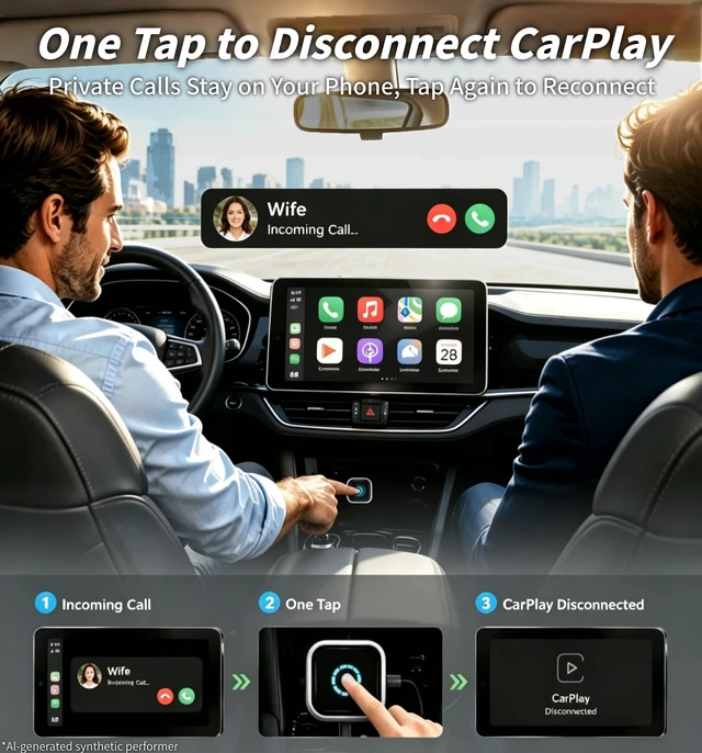 Alt view image 3 of 5 - 2026 Upgraded Wireless CarPlay Adapter with Buttons for Privacy Call & Two-Phone Fast Switch, Aluminum Cooling, Dual-Band WiFi, Mini Cable-Free, Compatible with Apple iPhone & Android Auto, Gra