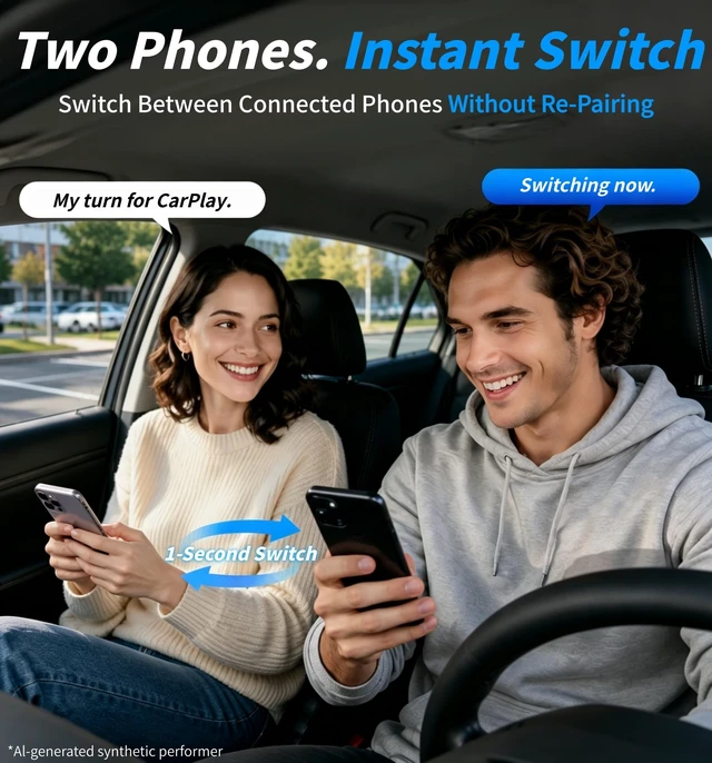Alt view image 4 of 5 - 2026 Upgraded Wireless CarPlay Adapter with Buttons for Privacy Call & Two-Phone Fast Switch, Aluminum Cooling, Dual-Band WiFi, Mini Cable-Free, Compatible with Apple iPhone & Android Auto, Gra