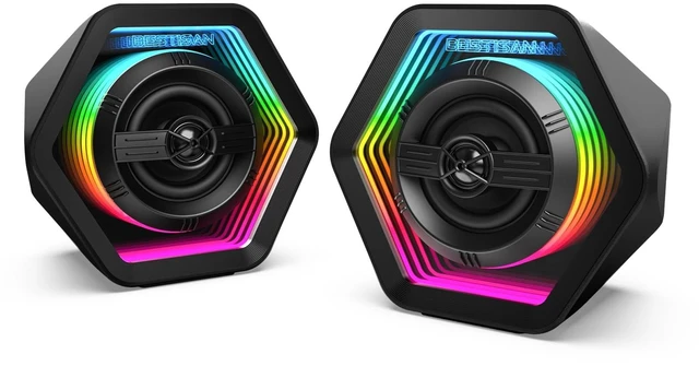 Main image of Computer Gaming Speakers, 50W Active Desktop Speakers with Infinity Mirror 3D Tunnel RGB (8 Modes), Bluetooth 5.3, AUX in, Headphone Out & Type-C Input, 3 EQ Modes, AC Powered for PC/Laptop/TV