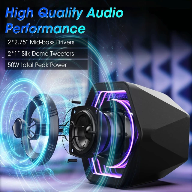 Alt view image 3 of 5 - Computer Gaming Speakers, 50W Active Desktop Speakers with Infinity Mirror 3D Tunnel RGB (8 Modes), Bluetooth 5.3, AUX in, Headphone Out & Type-C Input, 3 EQ Modes, AC Powered for PC/Laptop/TV