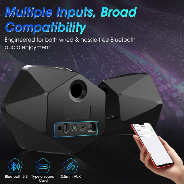 Alt view image 4 of 5 - Computer Gaming Speakers, 50W Active Desktop Speakers with Infinity Mirror 3D Tunnel RGB (8 Modes), Bluetooth 5.3, AUX in, Headphone Out & Type-C Input, 3 EQ Modes, AC Powered for PC/Laptop/TV