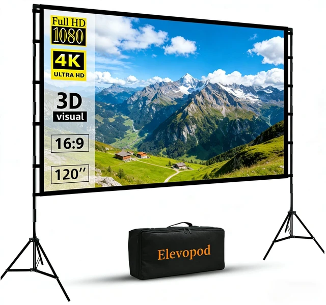 Main image of Outdoor Projector Screen with Stand, 120 inch Portable Movie Screen 16:9 Foldable Anti-Crease 4K HD Projection Screen with Carry Bag for Movie Nights, Camping