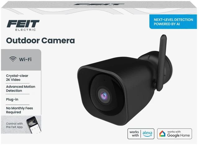 Main image of Feit Electric Plug-in Outdoor Security Camera, 2K HD, Advance Motion Detection, 2.4GHz Wi-Fi, 30ft. Night Vision, 2-Way Audio, Micro SD Card Storage, AI-Powered Smart Alerts, Always-On Wired Power