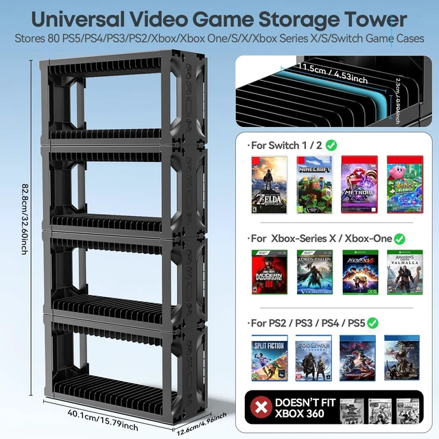 Alt view image 2 of 5 - Kytok Video Game Disc Rack Tower Video Game Storage Universal for PS5/PS4/ XBOX One/Series/Nintendo Switch Game, Game Organizer Shelf Display Stand for Wall Mount/Desk/Floor with Controller Holder