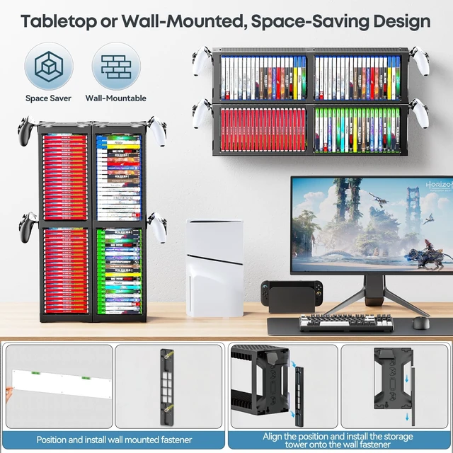Alt view image 4 of 5 - Kytok Video Game Disc Rack Tower Video Game Storage Universal for PS5/PS4/ XBOX One/Series/Nintendo Switch Game, Game Organizer Shelf Display Stand for Wall Mount/Desk/Floor with Controller Holder