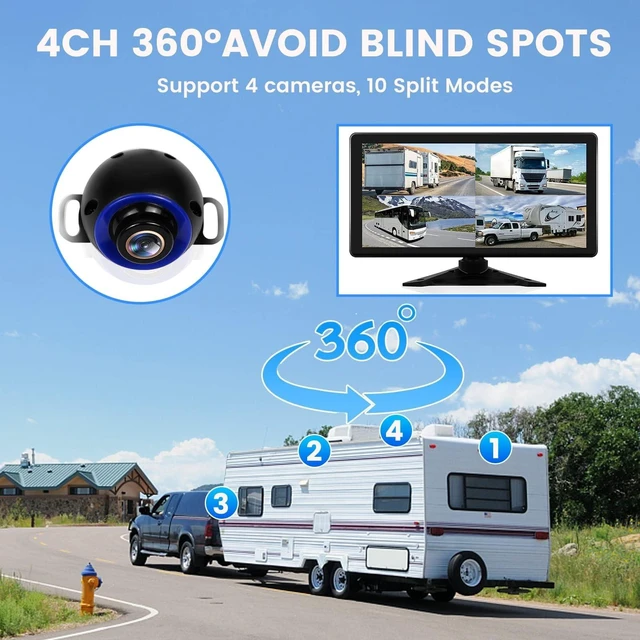Alt view image 2 of 5 - 4K RV Backup Camera System, 10.36" Quad Split Touch Screen Monitor with 4 AHD 1080P Rear Side View Camera - DVR Recording Bluetooth MP3 MP5 Night Vision IP69 Waterproof for RV Trailer Tractor Truck