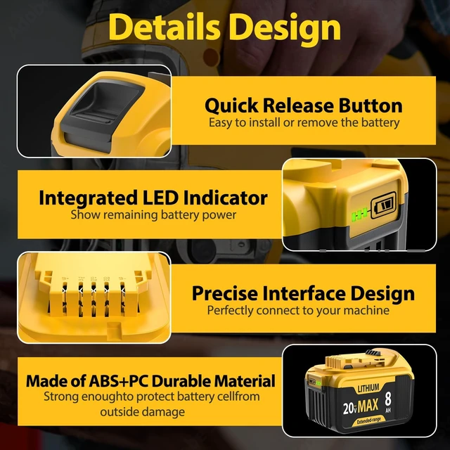 Alt view image 4 of 5 - 2-Packs 8000mAh Replace for Dewalt 20V Max Battery Compatible with DCB206 DCB201 DCB203 DCB207 DCB205 DCB204 Compatible with Dewalt 20V Cordless Power Tools and Chargers