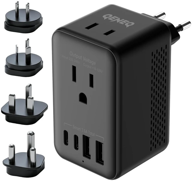Main image of QENEQ Travel Adapter Voltage Converter US to Europe Power Adapter Step Down Transformer 220V to 110V with 2 USB A 2 USB C & UK/AU/US/EU/South Africa for Hair Dryer (Black)