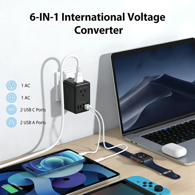 Alt view image 2 of 5 - QENEQ Travel Adapter Voltage Converter US to Europe Power Adapter Step Down Transformer 220V to 110V with 2 USB A 2 USB C & UK/AU/US/EU/South Africa for Hair Dryer (Black)