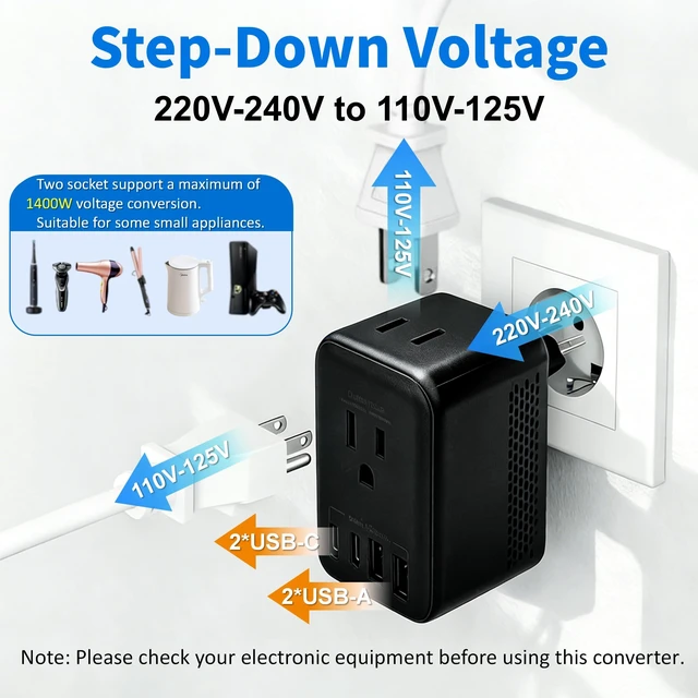 Alt view image 3 of 5 - QENEQ Travel Adapter Voltage Converter US to Europe Power Adapter Step Down Transformer 220V to 110V with 2 USB A 2 USB C & UK/AU/US/EU/South Africa for Hair Dryer (Black)