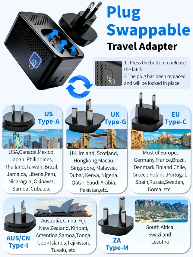 Alt view image 4 of 5 - QENEQ Travel Adapter Voltage Converter US to Europe Power Adapter Step Down Transformer 220V to 110V with 2 USB A 2 USB C & UK/AU/US/EU/South Africa for Hair Dryer (Black)
